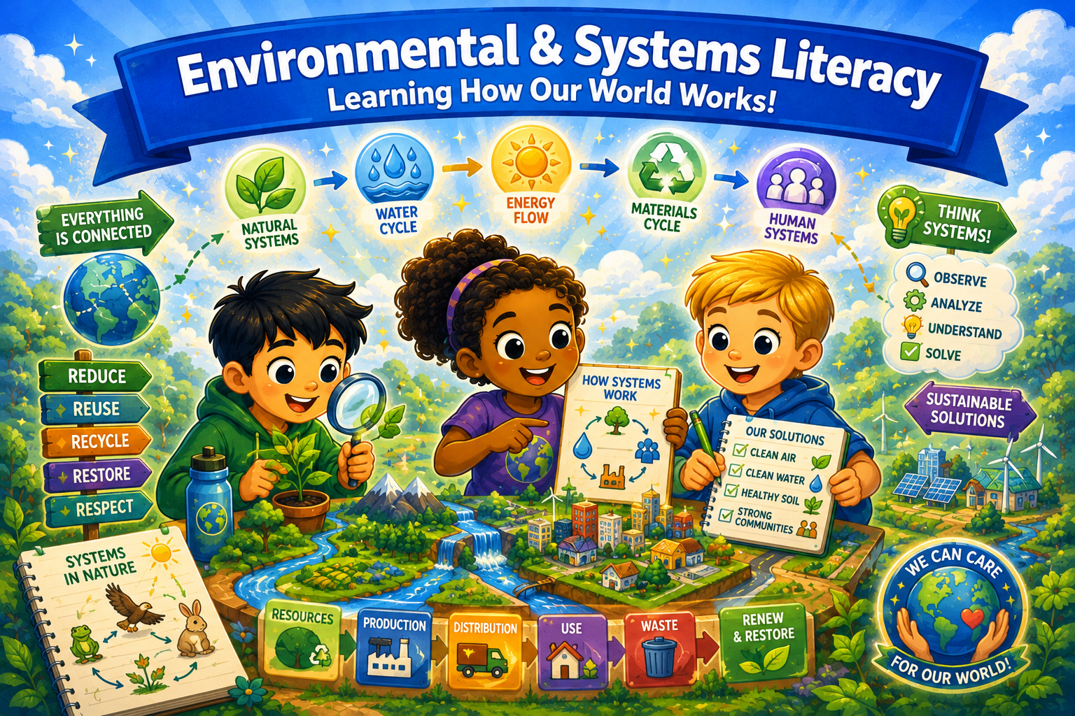 Illustrated hero image for the environmental systems literacy curriculum