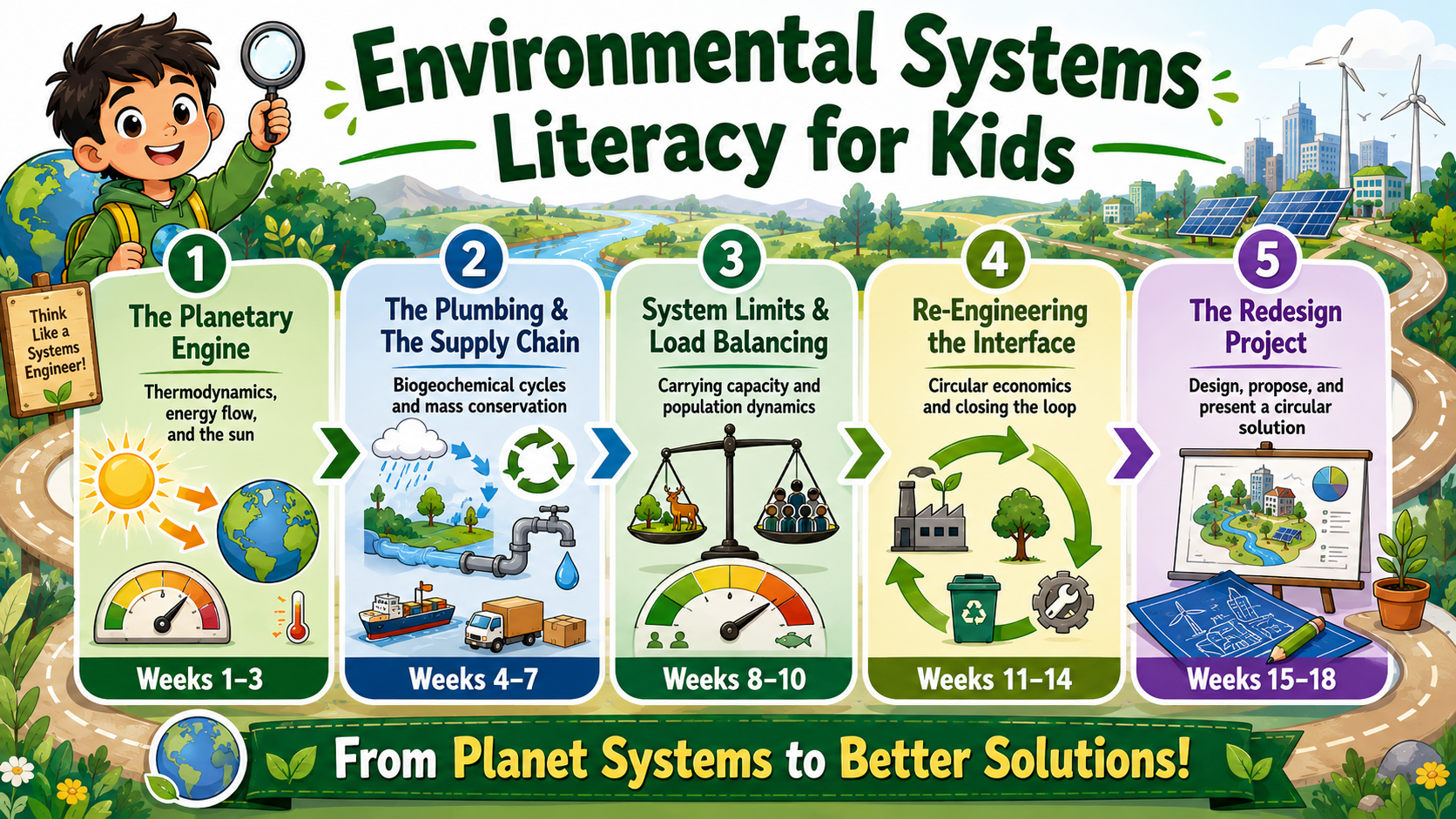 Visual roadmap showing the Environmental Systems Literacy curriculum sequence